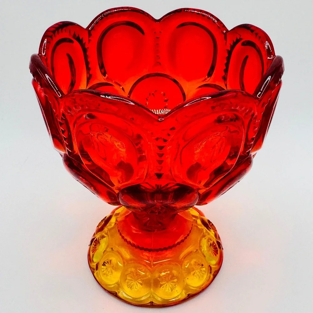 LE Smith Moon & Stars Amberina Cadmium Glass Compote UV Reactive Vintage
